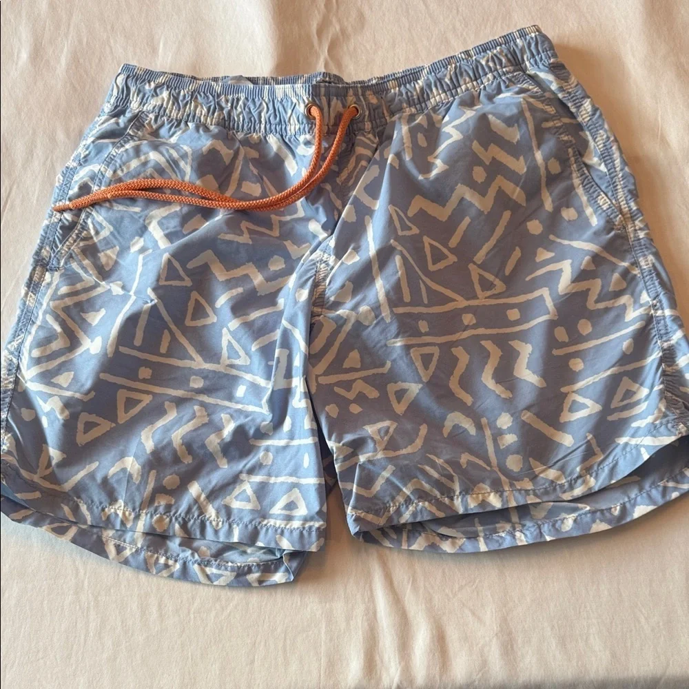 J. Crew Blue and Cream Geometric Swim Trunks